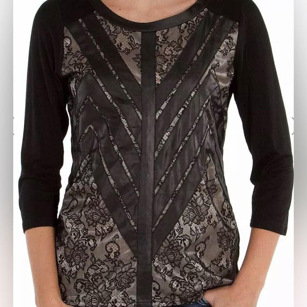 BKE Boutique Shirt Womens‎ Black/Tan Lace Detailed 3/4 Sleeve Size Small